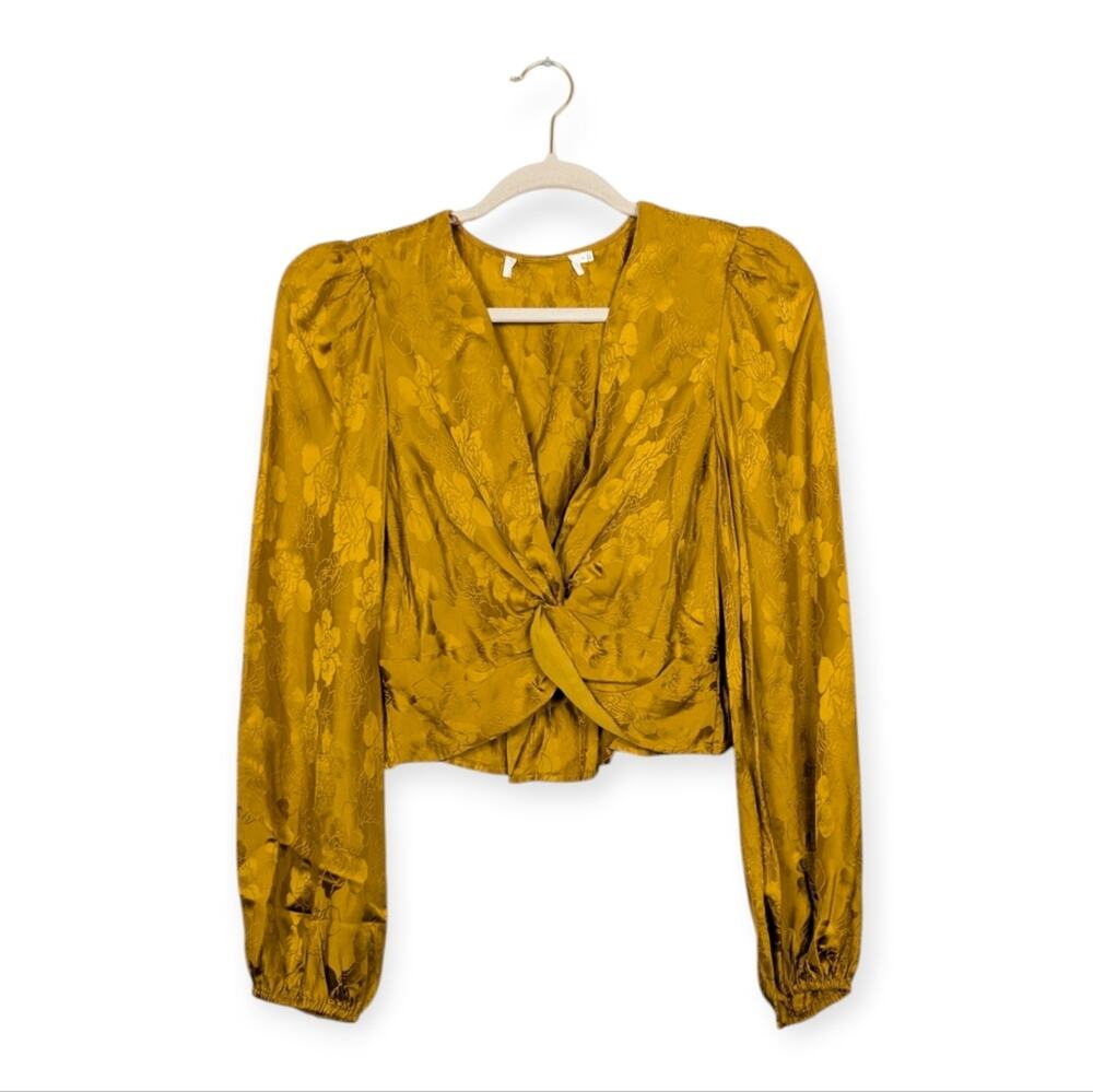 ASTR The Label Satin Blouse S Golden Yellow Floral Long Sleeve Elegant Dressy